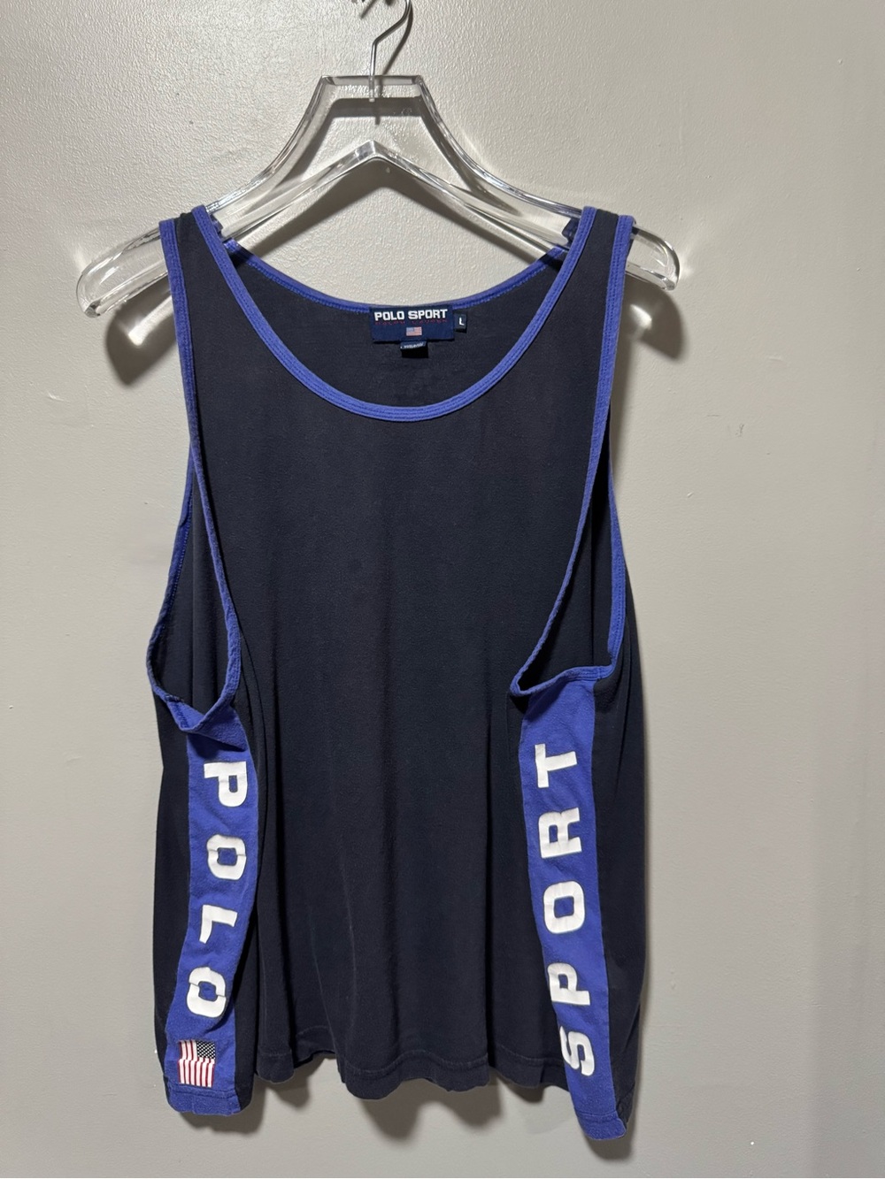 Vintage Polo Sport Ralph Lauren Tank Top Mens L Black Blue 90s USA Flag